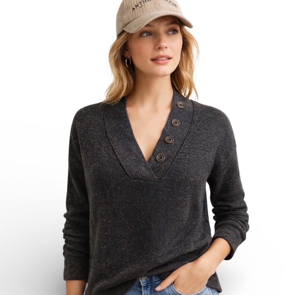 Daily Practice Anthropologie Charcoal Confetti V-Neck Waffle Knit Sweater Small